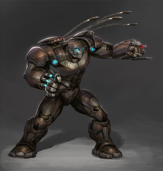 A heavy B.E.A.S.T. mech suit standing braced, missiles streaking from its shoulder and cyan plasmacasters glowing on one hand
