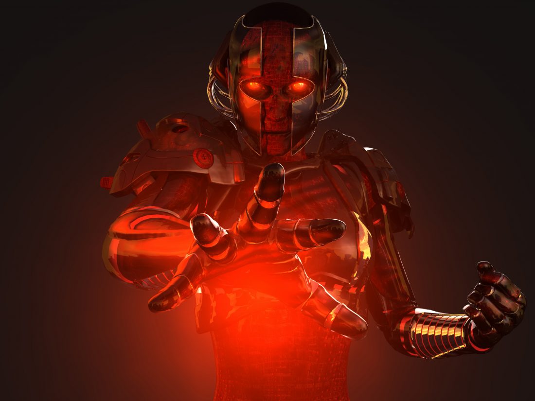 An armoured figure wreathed in red light, channelling star kith.