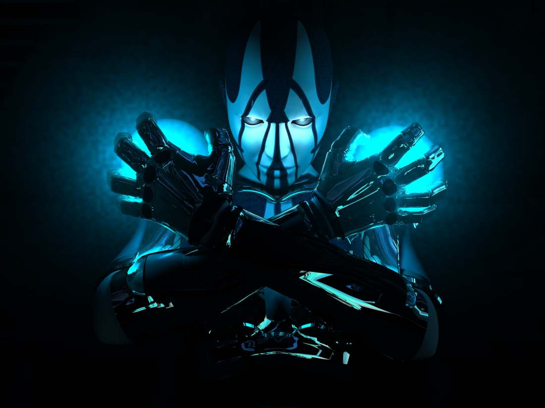 A void kith user, arms crossed, cyan energy burning in both gloved hands and across a masked face.