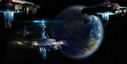 The Shipforges in orbit above Earth, long shipbuilding platforms hanging against the planet.