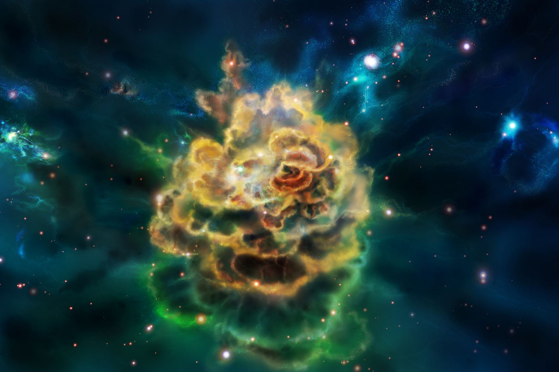 The Atman: a vast gold and green nebula bloom against deep blue space, where the Ishvana resides.