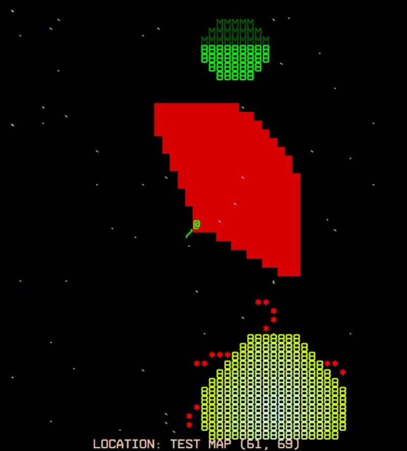 The in-game space map showing a ship's cannon target cone in red