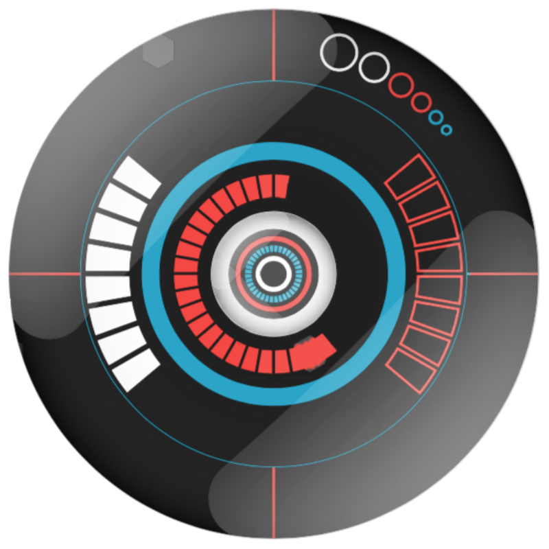 A circular wetwiring HUD readout with layered system gauges