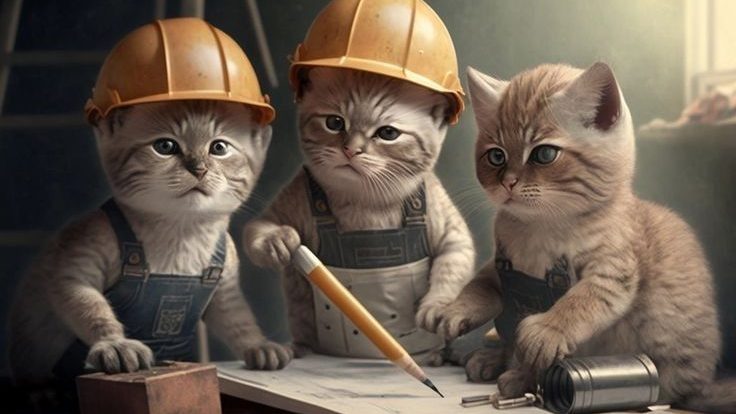 A trio of kittens at work in construction gear and overalls, planning something out with an oversized pencil