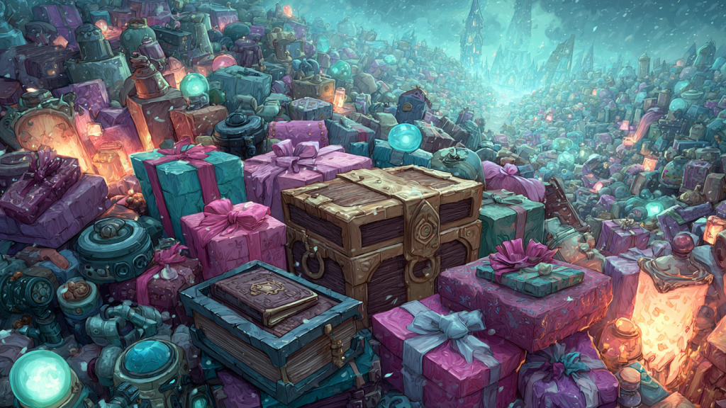 Piles of colorfully wrapped presents in blue and pink wrapping paper alongside ancient tomes, treasure chests, and more cascade down a snow-laden landscape towards a towering ice castle in the distance.