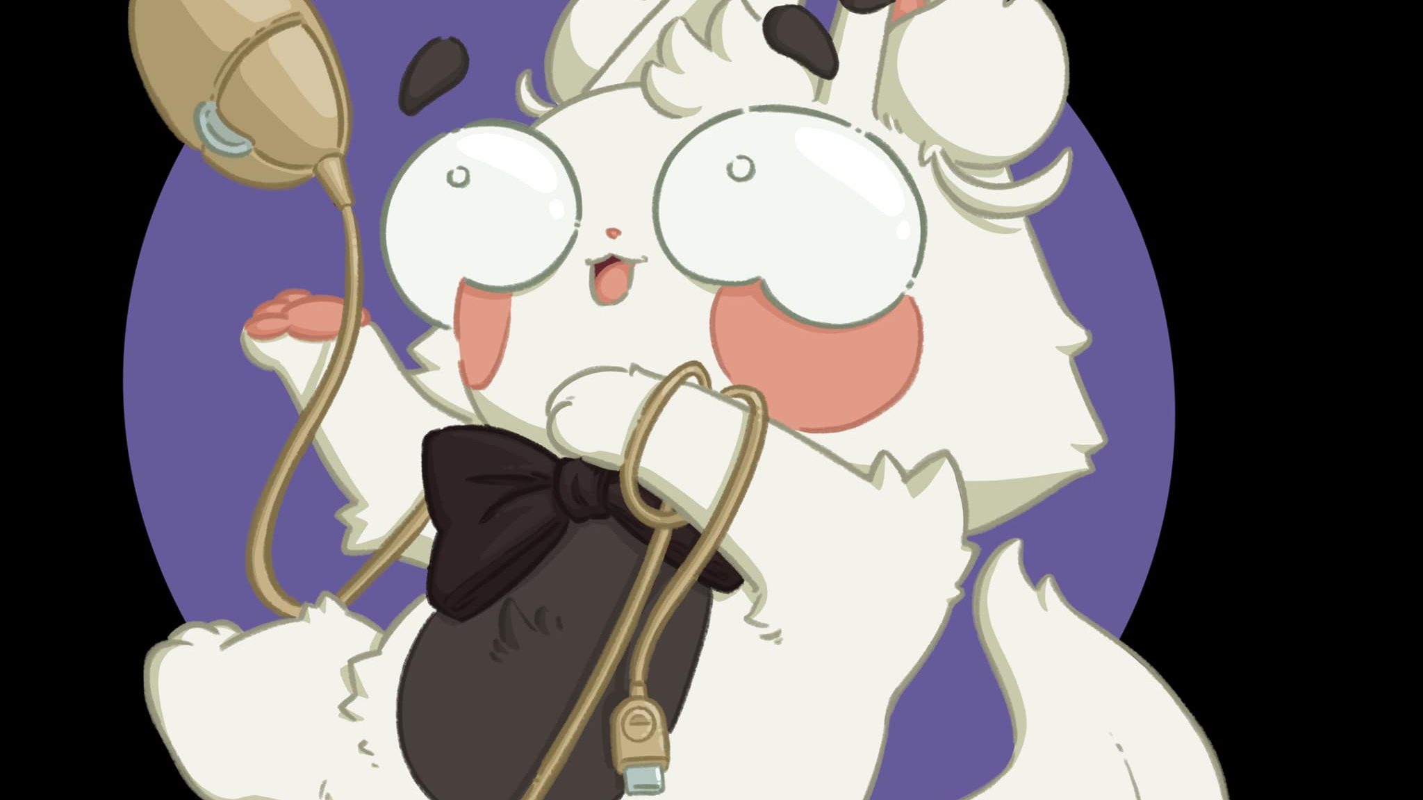 A digital drawing of a fluffy white cat with a black belly and bowtie juggling an old-fashioned computer mouse with an expression of panic. It depicts Argus, an Admin in the Starmourn sector.