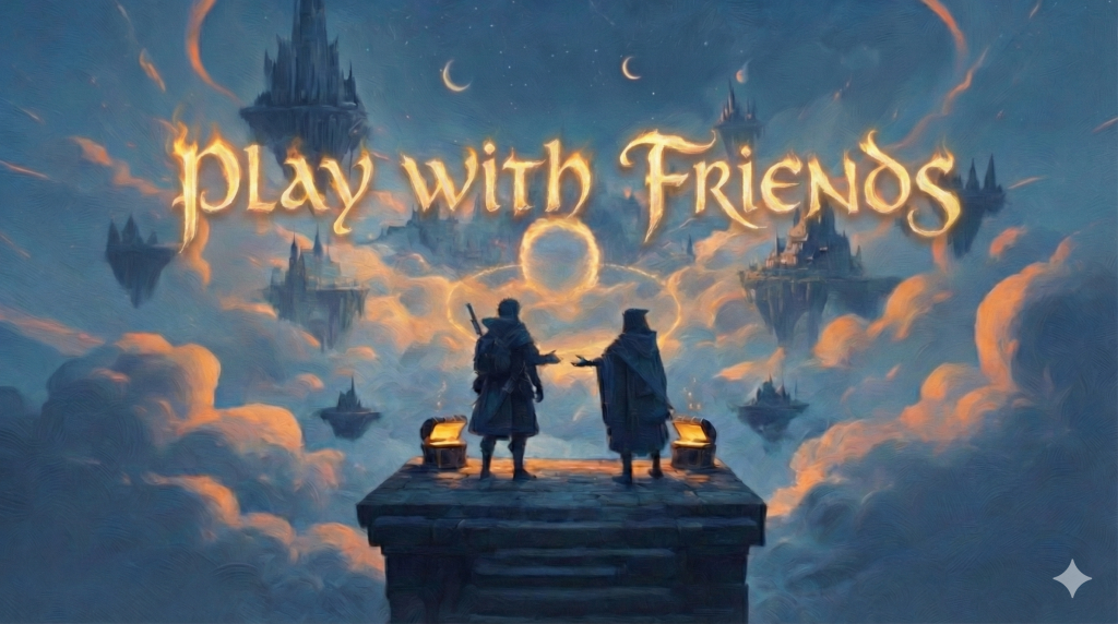 Two humanoid figured in cloaks stand atop a stairwell, reaching out to each other. The background is all clouds and floating castle islands in comforting blue-gray shades. Golden text above the figures reads "Play With Friends"
