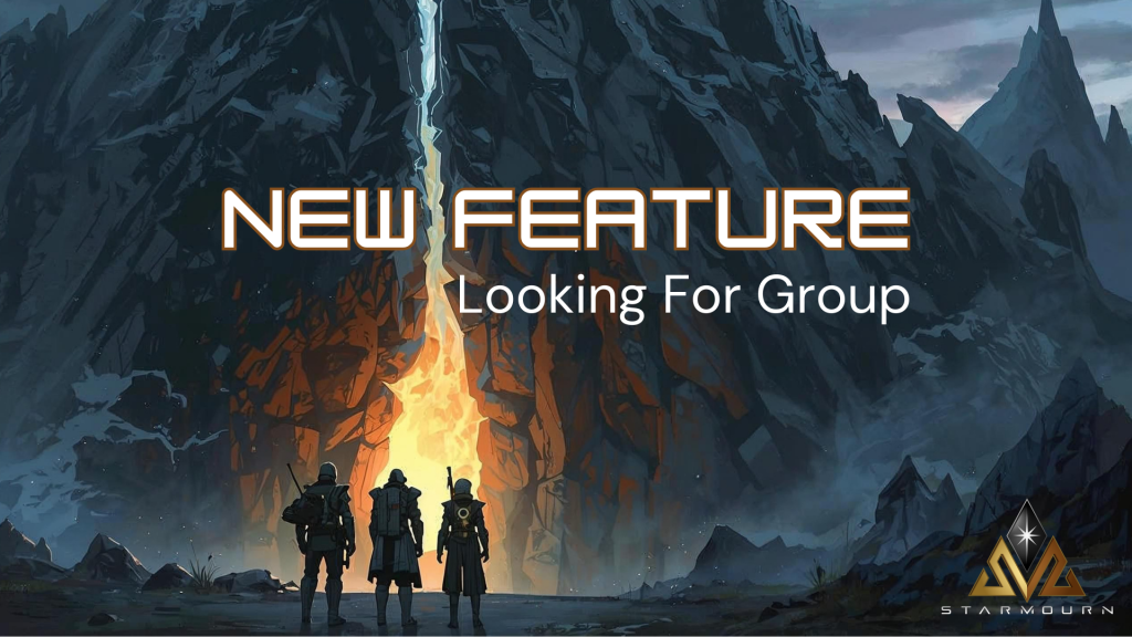 New Feature: Looking for Group! The image depicts a three-person crew approaching a craggy mountainside with a glowing crack up the facade, seemingly an entrance to some kind of adventure.