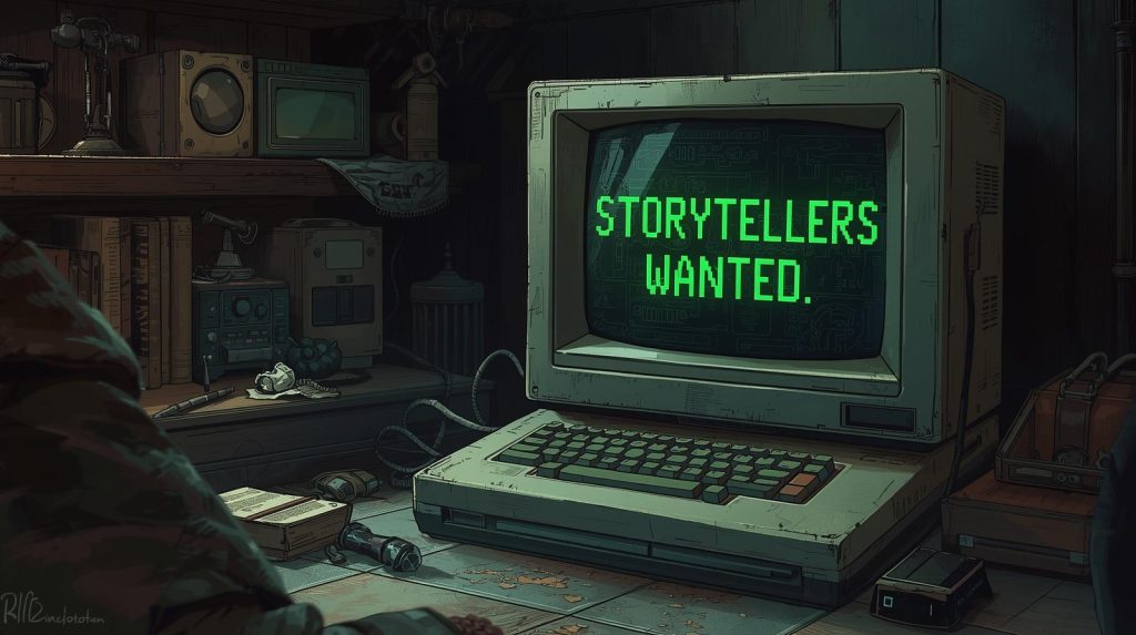 An aged, retro computer console with a prominent, blocky form occupies the foreground. Its screen displays "Storytellers Wanted" in a glowing, emerald green, pixelated font reminiscent of classic video games.