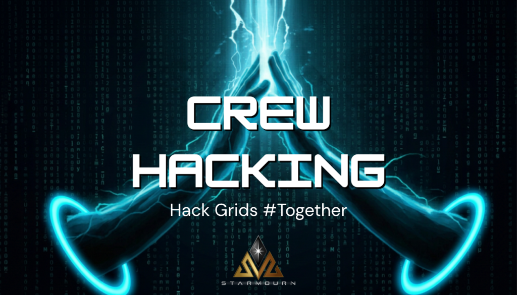 Two glowing blue hands meet in a burst of electric energy, with the words 'CREW HACKING' and the subtitle 'Hack Grids #Together' and a logo at the bottom.