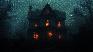 Photo by 3D Render - Starmourn Eerie mosaic of a haunted house illuminated in the night, exuding a spooky atmosphere.